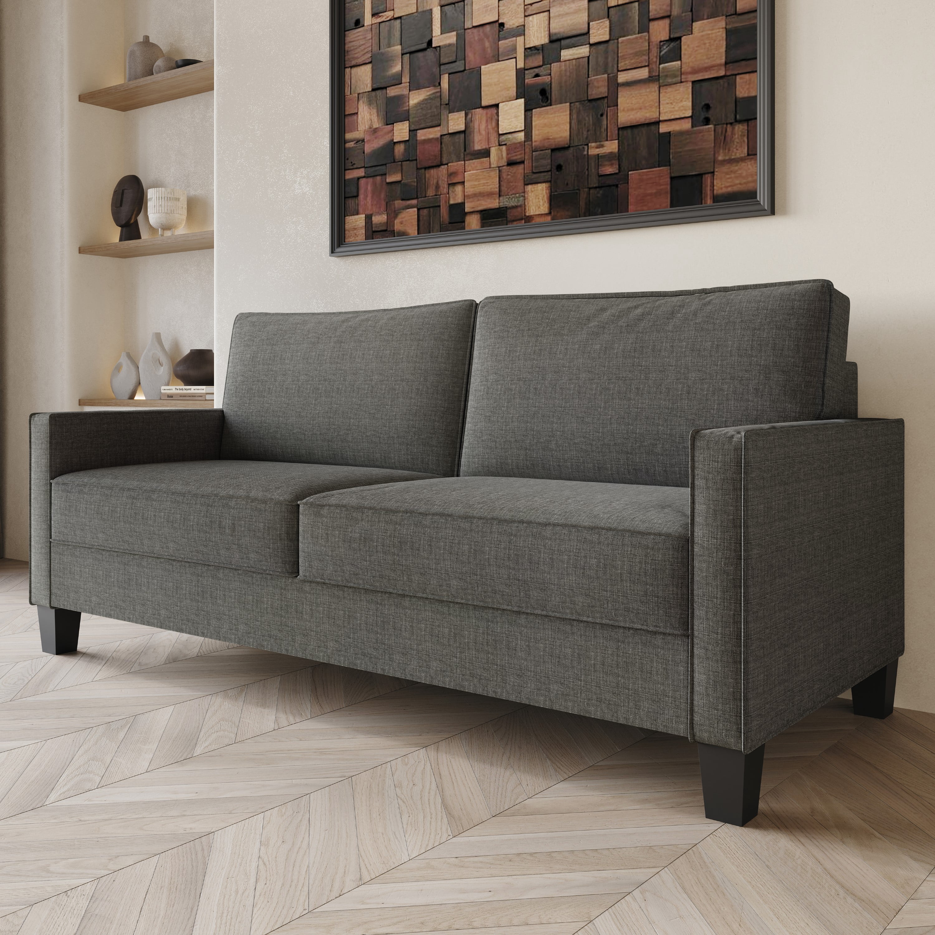 Home Design Marcia 3-Piece Square Arm Living Room Set with Armchair, Loveseat, and Sofa, Modern Upholstery and Black Legs, Gray