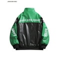thumbnail image 2 of Men's PU Leather Racing Style Zip-up Jacket - Green and Black Color-block, Stand Collar and "HOOD FRENDS" Pattern Print, Casual Streetwear, Casual Clothing, Daily Jacket | Modern Casual Jacket, 2 of 5