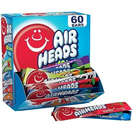 Airheads Candy Bars Variety Bulk Box - 60 Individually Wrapped Full Size Fruit Taffy Snack