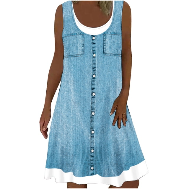Yuyuzo Robes Débardeurs Sans Manches pour Femmes Robe Patchwork à Blocs de Couleur Col Rond T-Shirts Décontractés