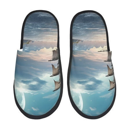 Balery Moonlit Sea Sailboat Slient Indoor Furry Fleece Comfort House Shoes Soft Non-Slip Home Shoes Cotton slippers House Slippers-- Medium