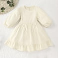 thumbnail image 2 of JSGEK Toddler Baby Girl Dress Long Puff Sleeved Round Neck Button Solid Color Princess Dresses Beige 1 Years, 2 of 3