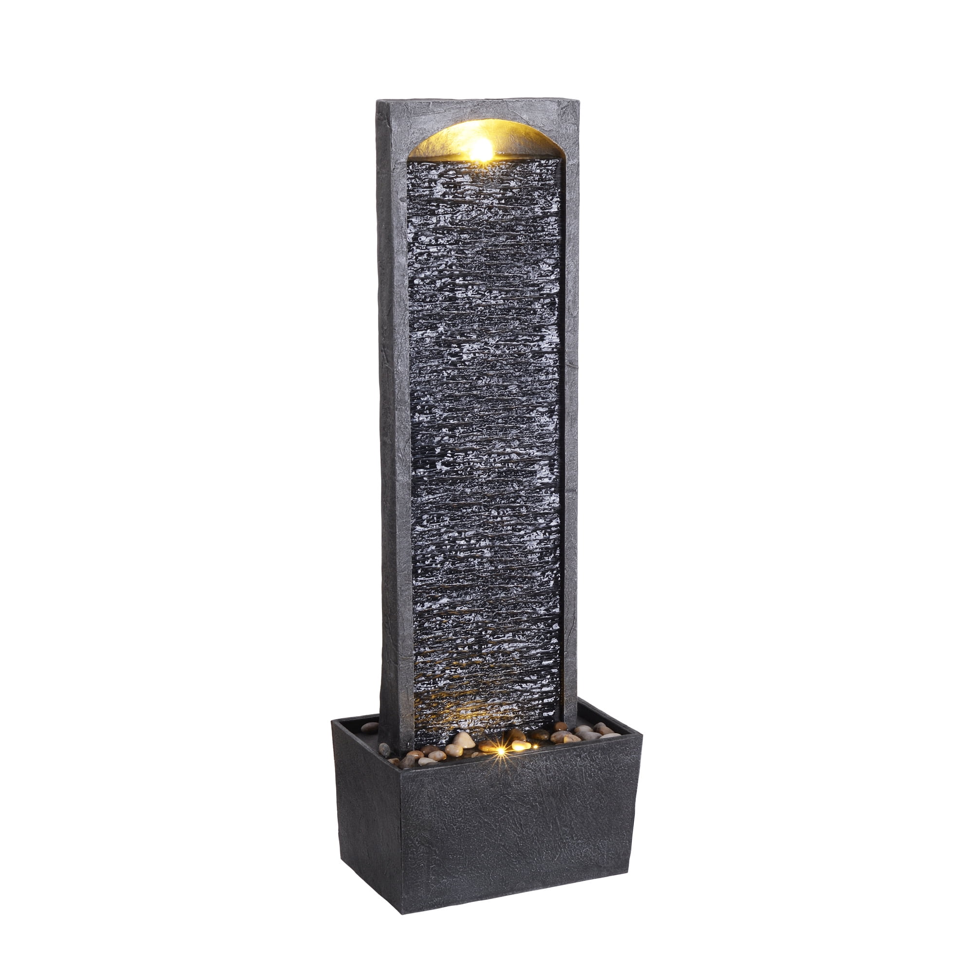 Teamson Home 38.5" Faux Slate Contemporary Outdoor LED Waterfall Fountain with Pebble Base, Gray/Black