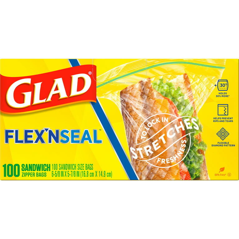 Glad Zipper Food Storage Plastic Bags - Sandwich - 100 Count, Pack of 6