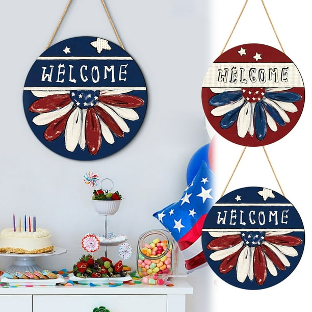 Cartel de bienvenida a la fiesta del Día de la Independencia - Decoración patriótica para la puerta de casa con colgante colgante para las celebraciones del 4 de julio