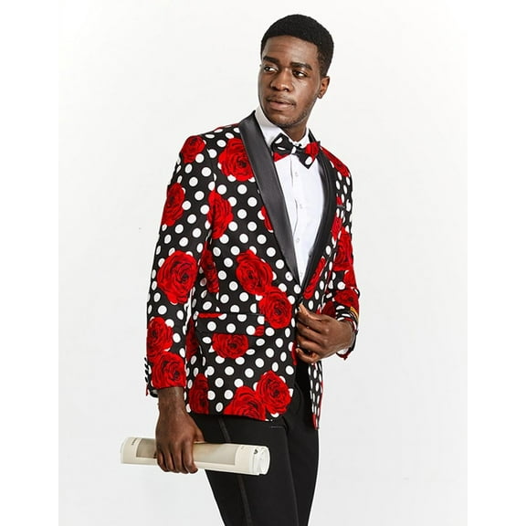 Mens Black & White Polka Dot Prom Tuxedo Blazer with Red Roses