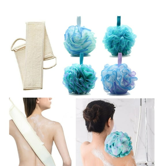 TRIANU 1Pcs Natural Loofah Exfoliating Body Scrubber for Shower, Double Side Loofah Back Scrubber with Handle, 4Pcs Bath Sponges Shower Loofahs, Exfoliating Bath Set for Deep Skin Clean
