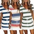 thumbnail image 2 of FLMEI Womens V-Neck Stripe Dress Short Sleeve Waist T- Shirt Dress Summer Causal Comfortable Sundresses Female Stylish Dresses S-3XL, 2 of 9