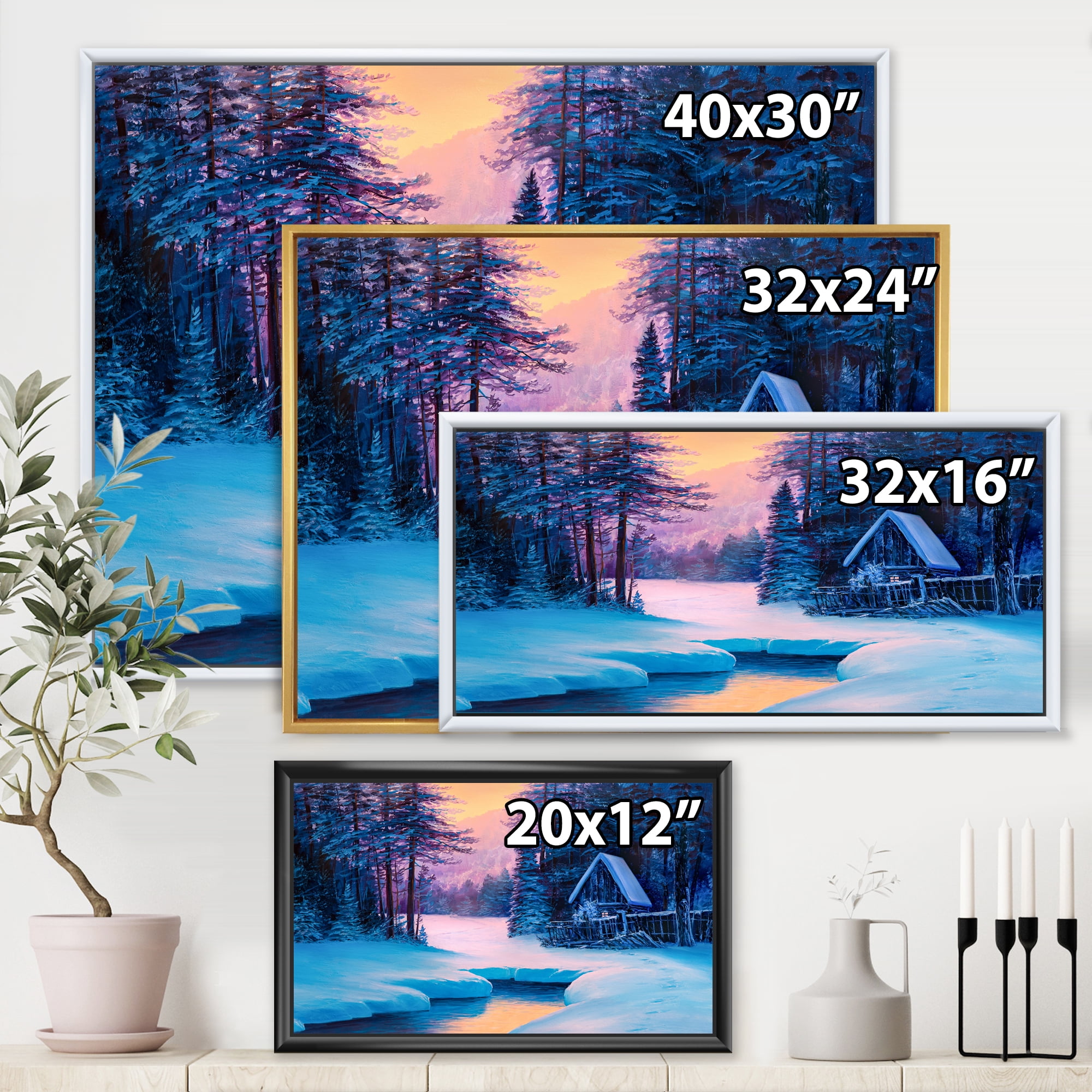 Designart 'The River House In The Woods and Winter Landscape II' Lake House Framed Canvas Wall Art Print