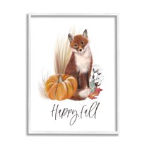 Stupell Industries Happy Fall Scenic Autumn Fox Pumpkin Botanicals Graphic Art White Framed Art Print Wall Art, Design by Studio Q