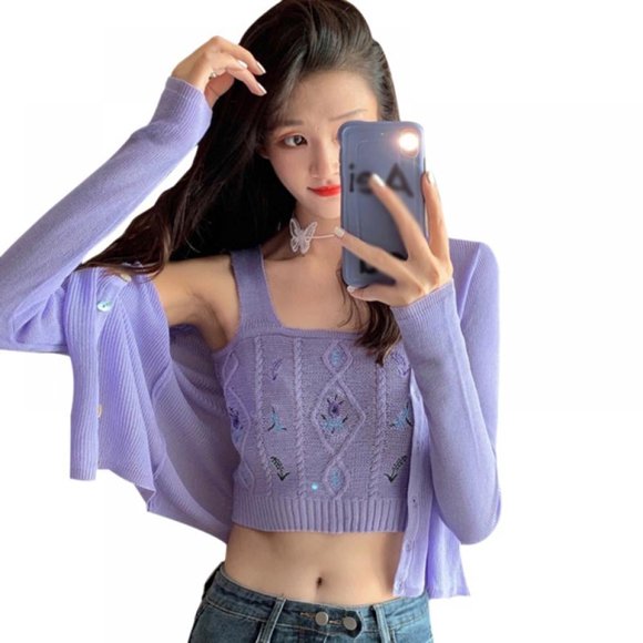 Women Knitted Camis Floral Embroidery Pattern Tank Top Wild Slim Sling Vest