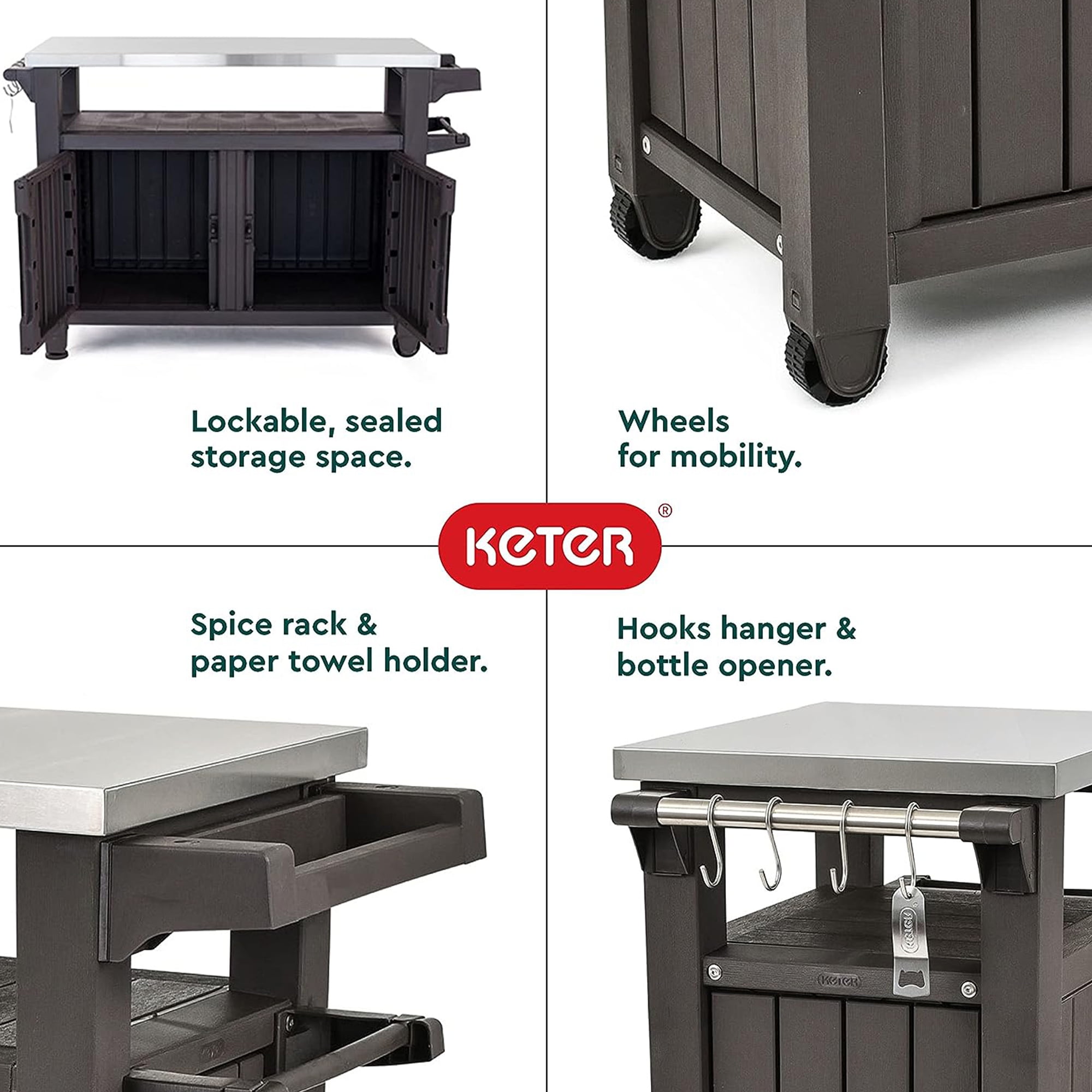 Keter Unity XL Outdoor Kitchen Cabinet, with Brown Storage Cart Rolling Bar
