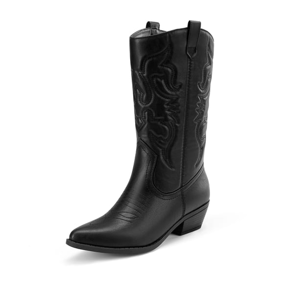 DREAM PAIRS Women's Mid-Calf White Western Cowboy Boots Classic Embroidered Cowgirl Boots