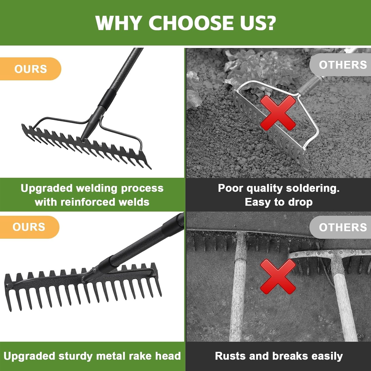 LCOKEIY 77" Adjustable Garden Rake for Leaves with 17 Tines, Heavy Duty Metal Thatch Rake for Lawn Yard Loosening soil