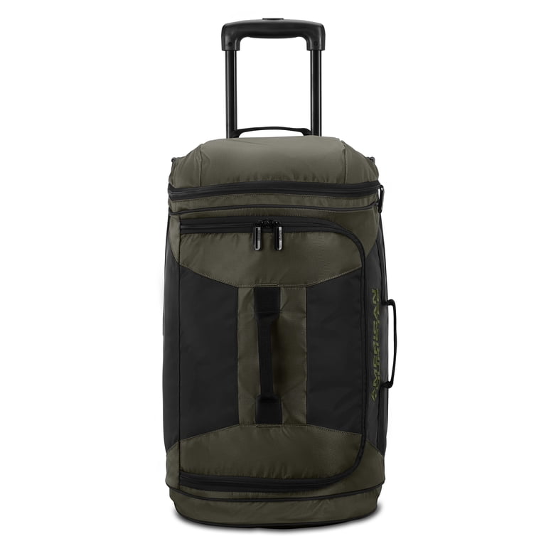 america travelers rolling duffel bag American Tourister 22-Inch Carry On Wheeled Travel Duffel Bag with Drop  Bottom, Moss Green