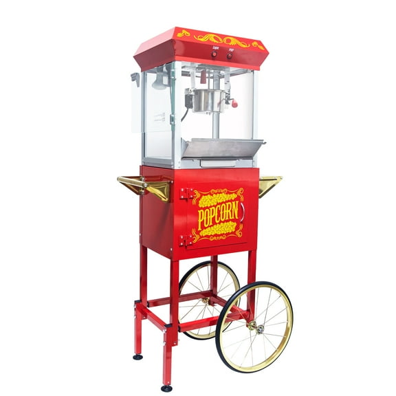 Anykoon 8 OZ Cart Popcorn Machine  with Stainless-steel Kettle, and Old Maids Drawer, Heated Warming Deck, Red