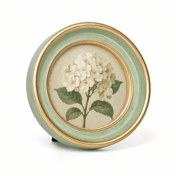 AELS Small Round Vintage Oval Picture Frame, Fits 4x4 Photos, Antique Circle Photo Frame with Glass Front, Tabletop or Wall Display, Resin, Sage Green with Gold Trim