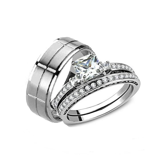 His Hers 3 Piece Stainless Steel & Titanium Matching Wedding Band Ring Set