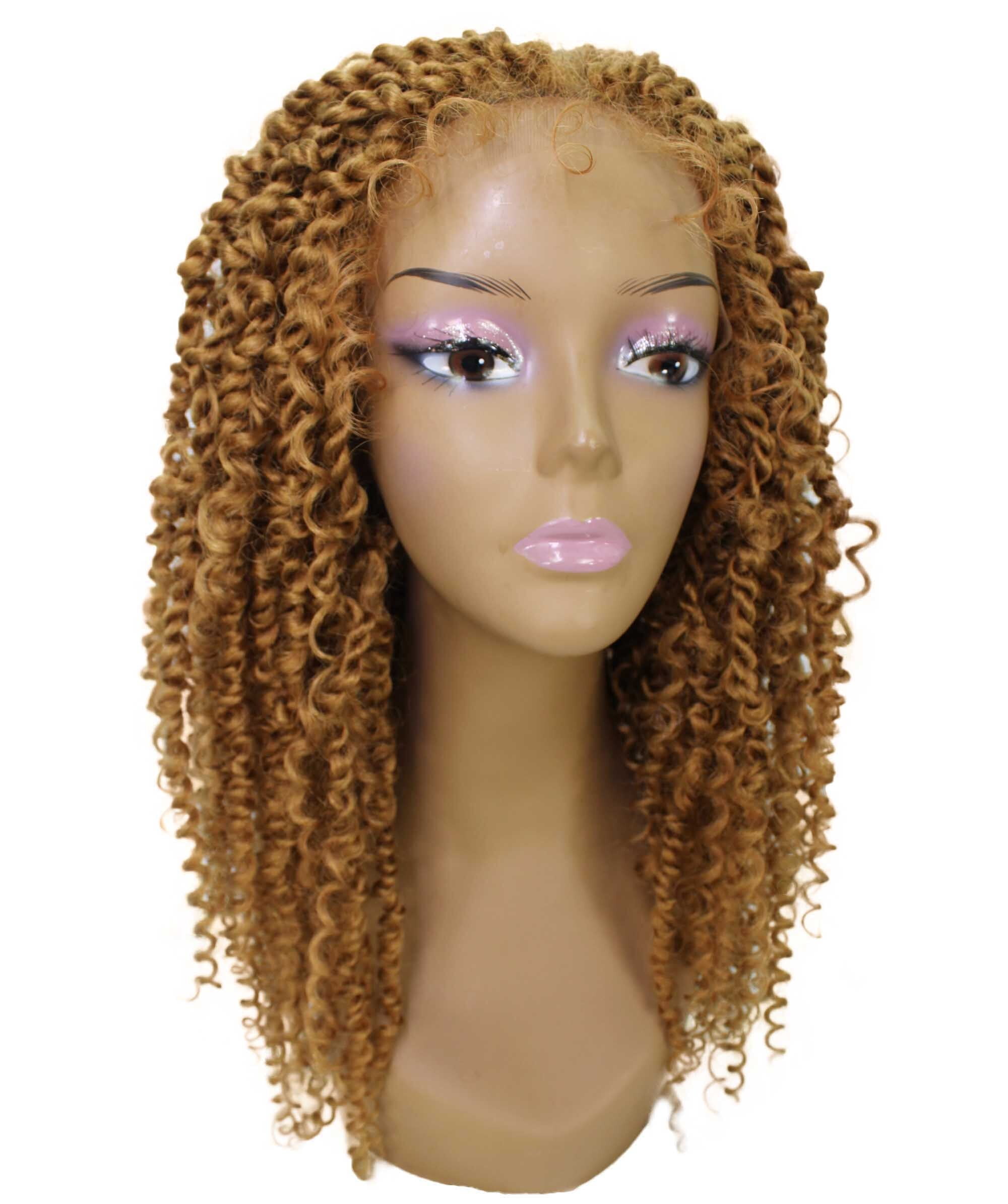 LUXLUXE Tierra Curly 19 in Long 4x4 Hand Tied Lace Braid Braided Wig, Beauty Heat Resistant Fiber, Golden Blonde Color