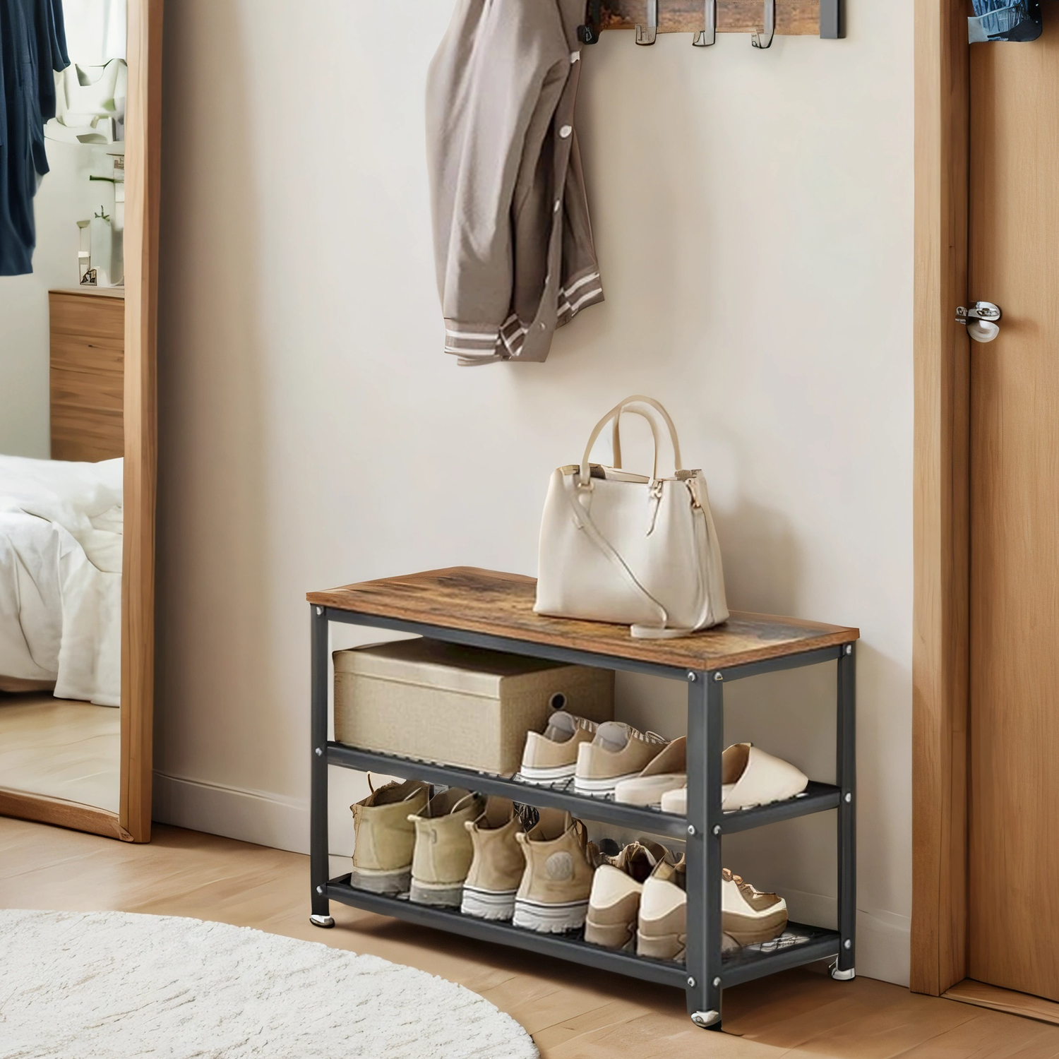 LEDREM 3-Tier Shoe Rack Bench with Seat , Free Standing Shoe Organizer with Mesh Shelves for Entryway , Holds 6-8 Pairs , 198lb Capacity ,Rustic Brown and Black