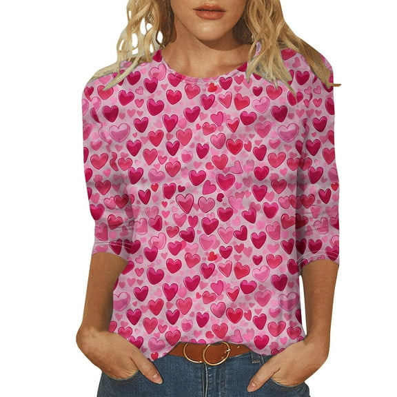 Tbopshirt Valentine's Day T-Shirts for Women 3/4 Sleeve Casual Crewneck Loose Graphic Tees Summer Plus Size Tops,S-XXXXXL