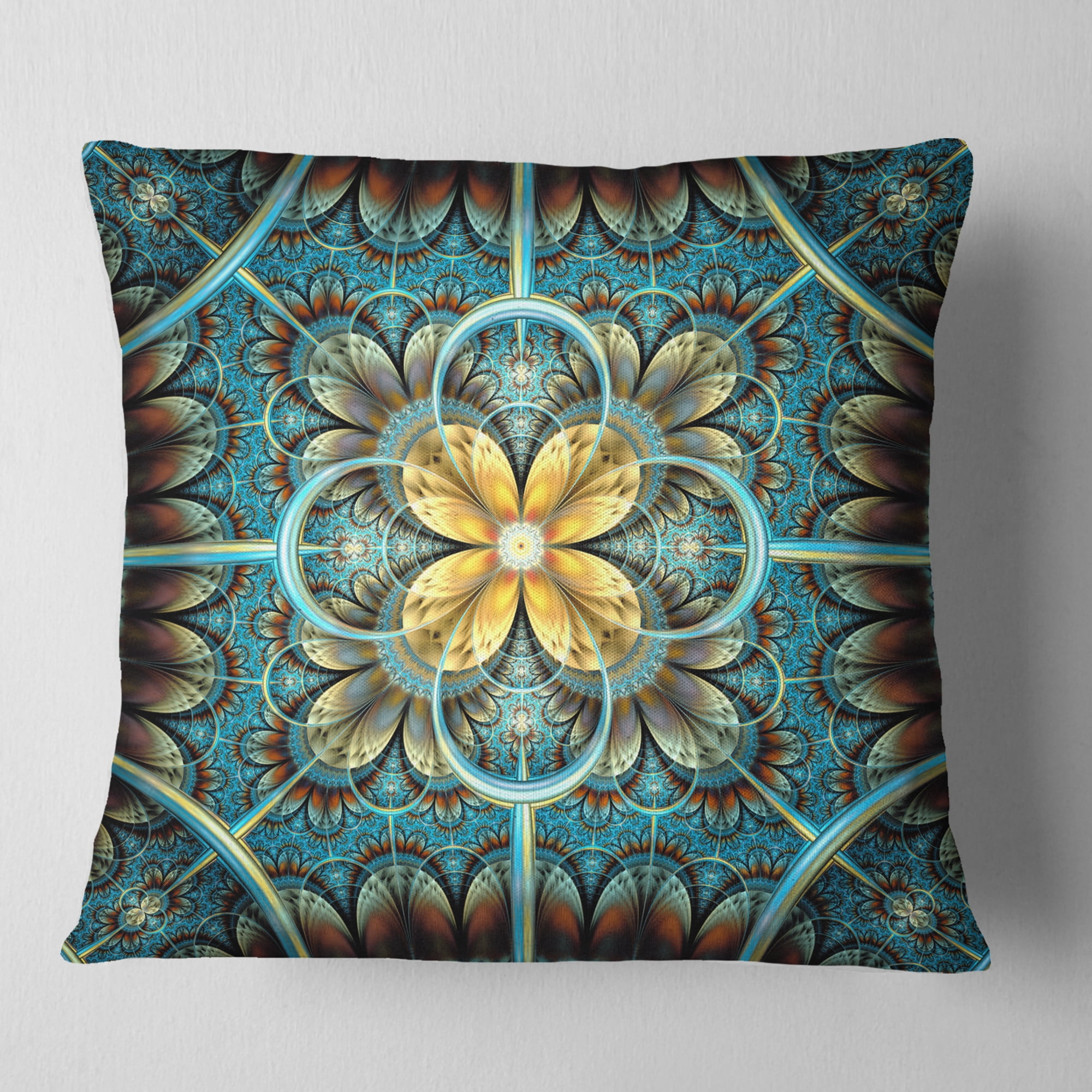 Designart 16" x 16" Contemporary and Modern Blue Fractal and Flower Polyester Throw Pillow
