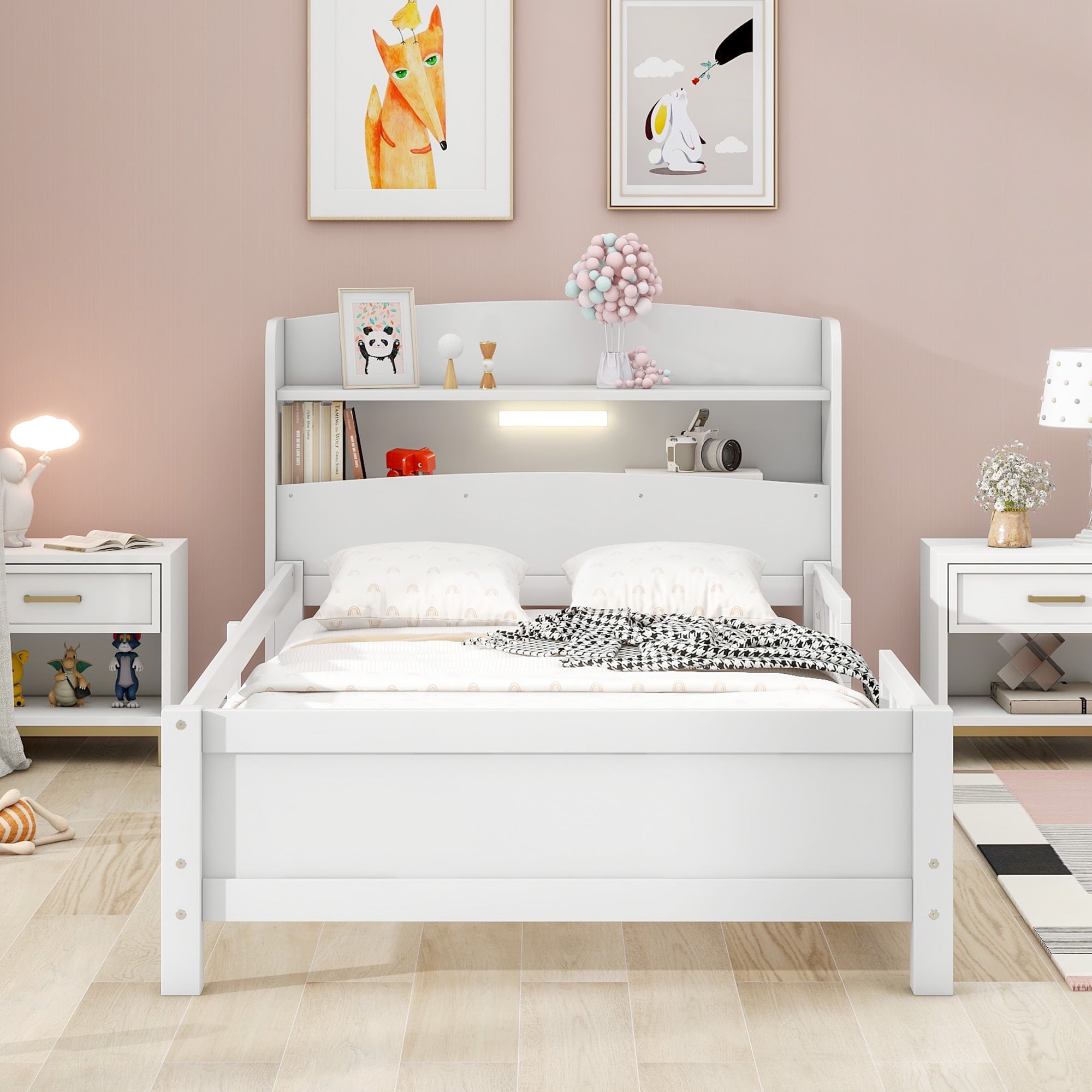 Harper & Bright Designs Kids Twin Size Bed with Storage Headboard and Built-in LED Light, Wood Twin Platform Bed Frame with Guardrail for Girls Boys, Antique Gray