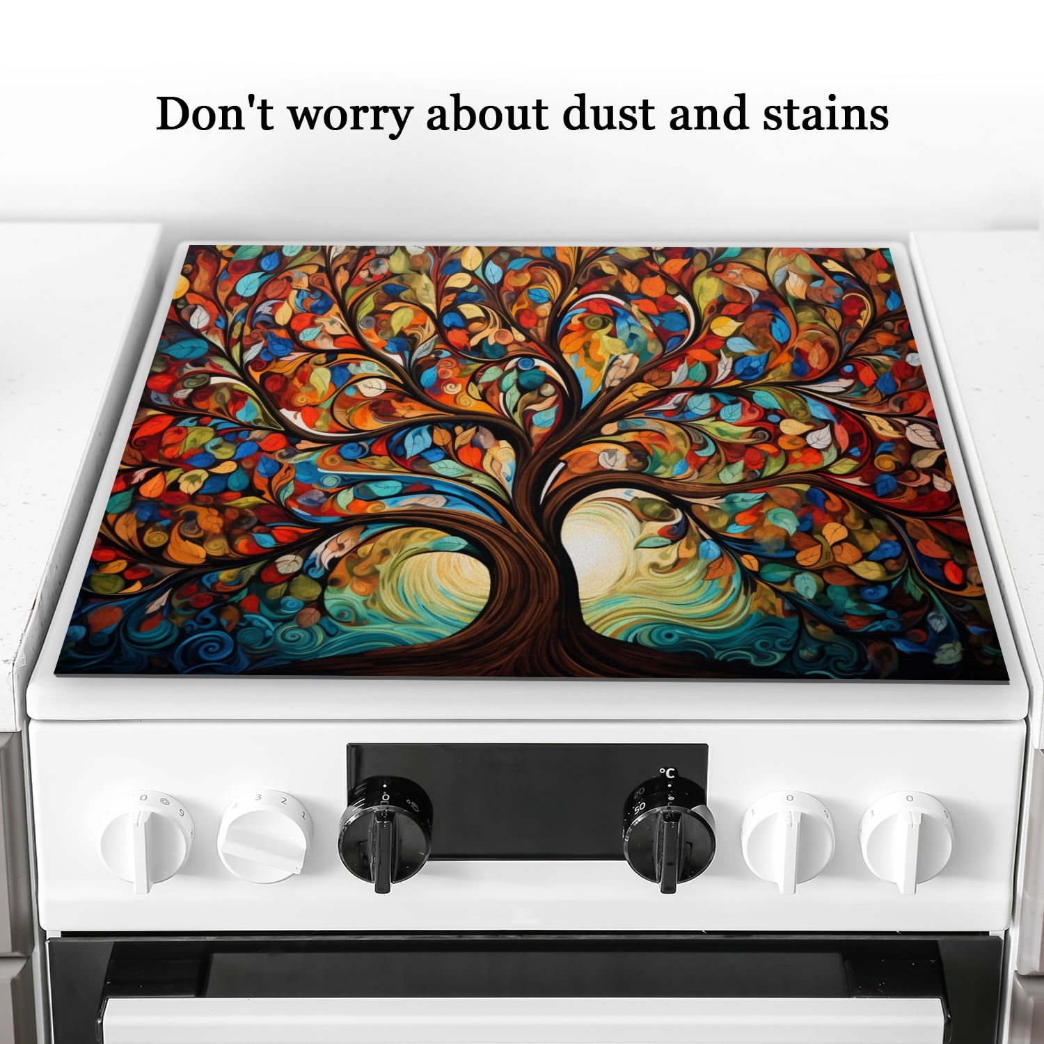 Square Glasstop Stove Covers, Colorful Tree Leaves Heat Resistant Stove Top Cover, Non-slip Washable Decoration Countertop Pad for Kitchen RV (28×20 Inch)