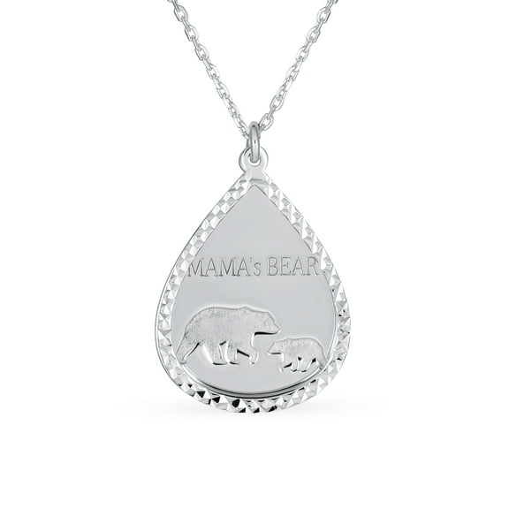 Bling Jewelry Womens Mother Bear & Cub Dangling Diamond-Cut Teardrop Pendant Necklace Sterling Silver