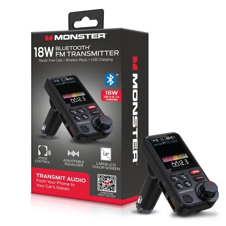 Monster 18W Bluetooth FM Transmitter with QC 3.0 Fast Charging, Hands-Free Calls, Adjustable Equalizer, Large LCD Color Screen, USB/SD/Aux Audio Playback