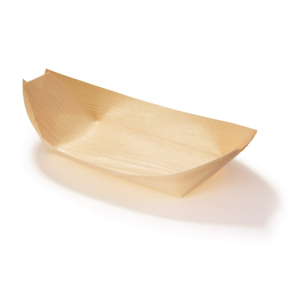 BambooMN Disposable Wood Boat Plates Dishes Food Serving Tray, 7.9