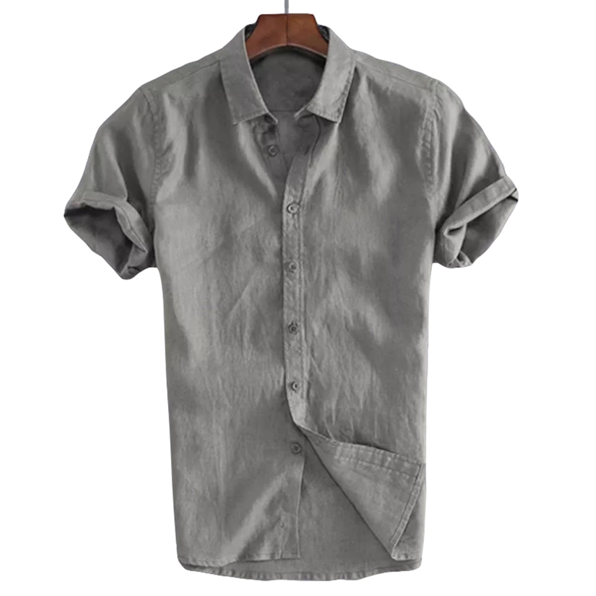 FOCUSNORM Men Cotton Short Sleeve Solid Shirts Casual Loose Dress Tops
