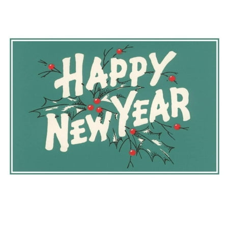 Happy New Year Art - Happy New Year, Holly on Blue-Gray Background Print Wall Art