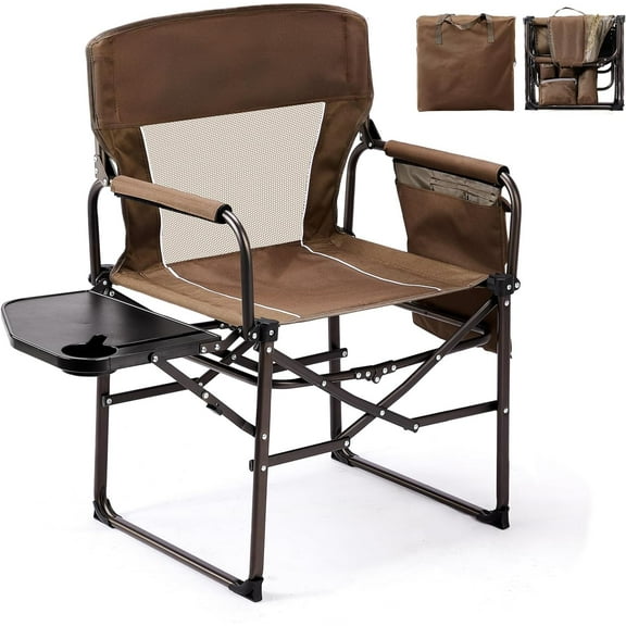 SEEKOL Camping Chairs, Directors Chair, Camping Chair with Side Table & Carry Bag,Heavy Duty Camping Chairs for Adults, Portable Folding Camping Chair, Pocket for Beach, Fishing,Trip,Lawn-Brown