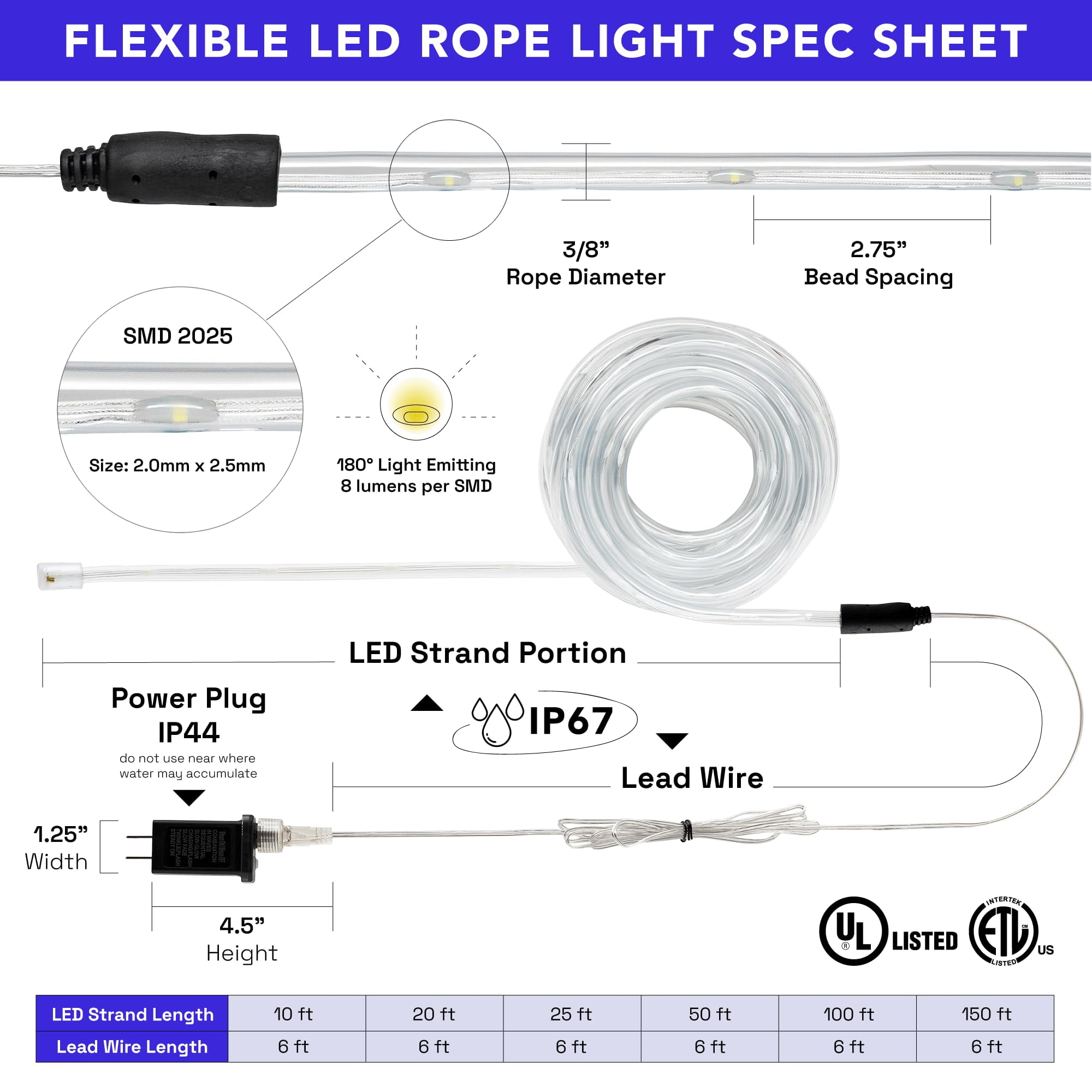 WYZworks 100ft Warm White LED Outside Rope Light - 8 Modes, Waterproof Permanent Outdoor Accent Lighting w/Remote, Flexible Clear Tube,  Exterior Christmas Patio Palm Tree Yard Ambient
