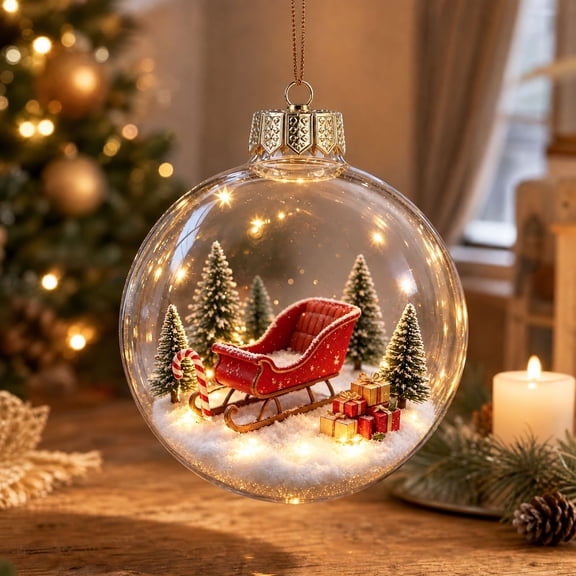 Lighted Christmas Globe Ornament, Style E, clear illuminated holiday ball with a detailed winter miniature and warm decorative glow, for mantel, shelf, tabletop, window, party
