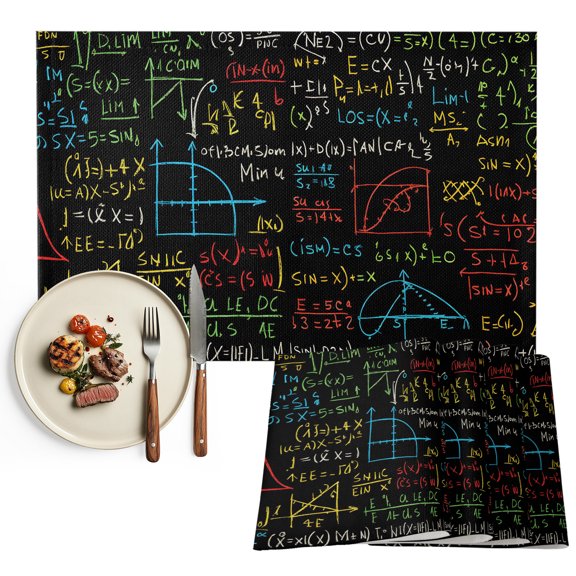 Math Formula Geometric Placemats Set of 2, Modern Art Black Yellow Washable Wipeable Table Mats for Dining Tables, Indoor Outdoor Kitchen Place Mats for Holiday Party Table Decor