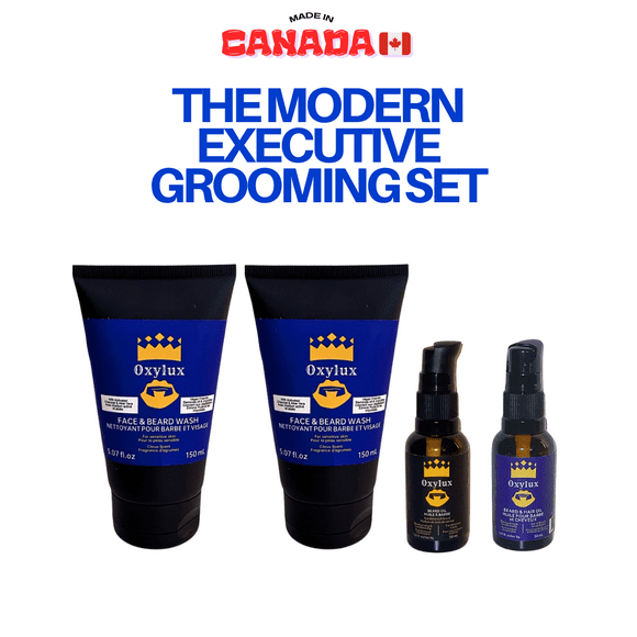 Oxylux Men's Grooming Kit 4-Pack | Sandalwood + Fresh Beard Oil + Face and Beard Wash + Moisturizer | Organic Jojoba Argan Oil | Complete Vegan Skincare Gift Set