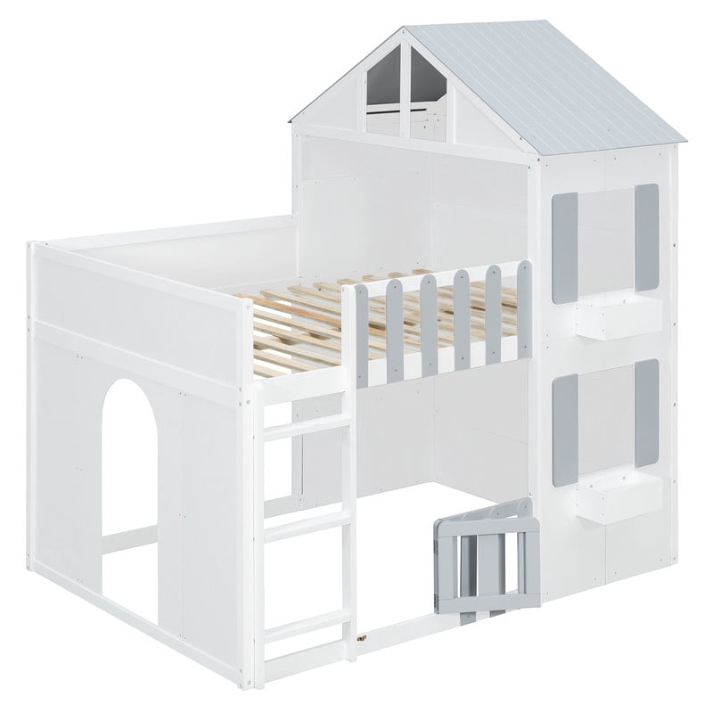 Full over Full House-Shaped Bunk Bed with Roof and Window, Kids/Teens Playful Designed Bed Frame with Fence and LED Light