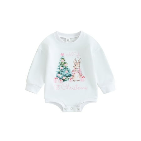 

Baby Girls Christmas Romper Long Sleeve Tree Rabbit Print Bodysuit