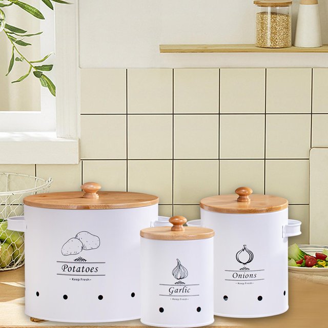 3Pcs Potato Onion Garlic Pot Fruit Pots Food Storage Container Tins with Lid White