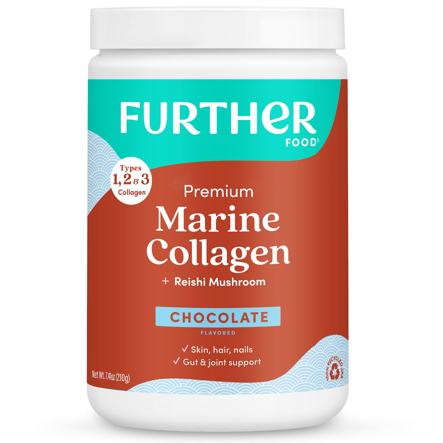 Further Food Chocolate Marine Collagen Peptides Powder, Wild Caught, Sustainable, Type 1, 2 & 3 Collagen, Gut + Joint Support, Hair, Skin, Nails, Sugar-Free 7.41 oz