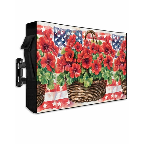 Red Poppy Flower Outdoor TV Cover 60 to 65 Inch Weatherproof, Rustic Independence Day American Flag 600D Oxford TV Covers with Waterproof Zipper, Outside Flat TV Screen Protector Size 58"Wx37"Hx4.5"D