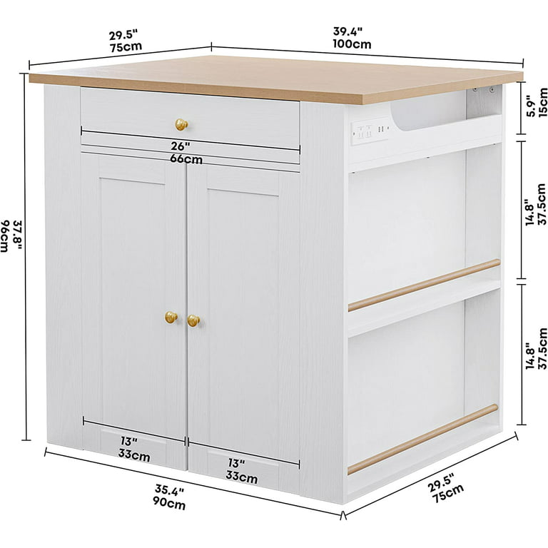  IRONCK Kitchen Island with Storage, Large Organized Storage  Space with Power Strip, 2-Door Cabinet and 2 Open Shelves/Dual Side  Drawers/5 Open Spice Racks, 29.5 D x 39.4 W x 37.8 H