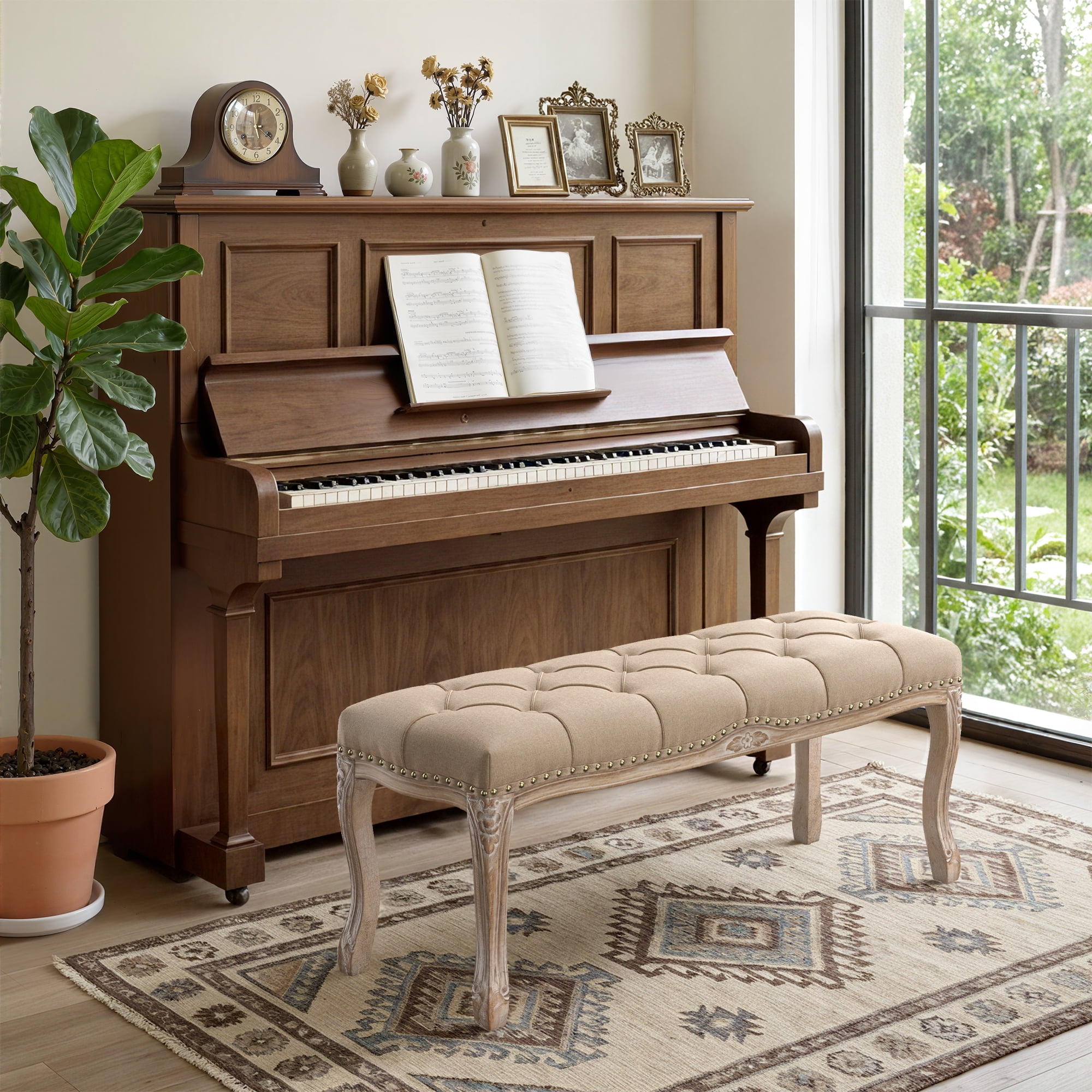 Dycanpo 45.2'' Bedroom Bench Seat Wheat Linen, French Upholstered Ottoman Bench