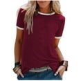 thumbnail image 2 of Camiseta de mujer Blusa casual de manga corta con costuras en bloque de color, rojo vino, M Kearding AP002400-12, 2 of 5