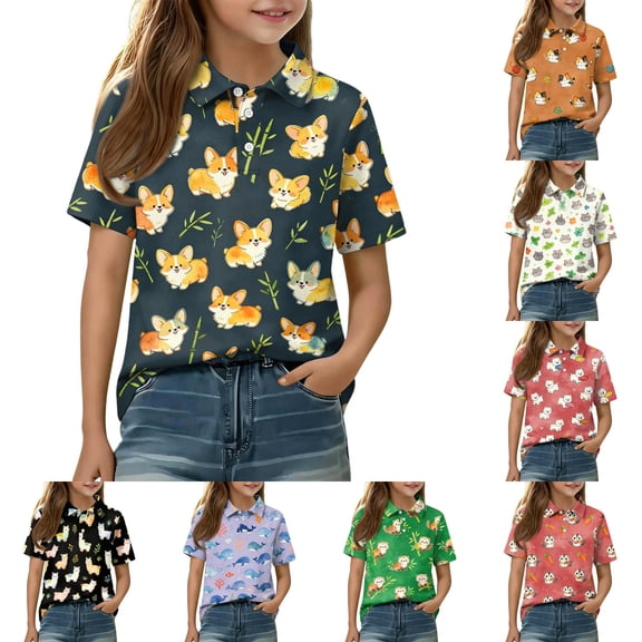 Grblisyd Uniform Shirts for Girls Cute Animal Print Polo Shirts Short Sleeve with Button for Kids 10-12