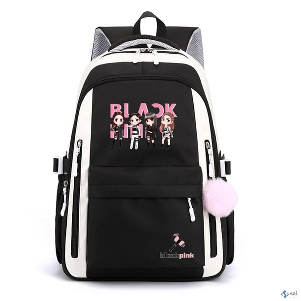 Mochila Escolar Resistente Al Agua Simple Múltiples Bolsillos Negro Rosa