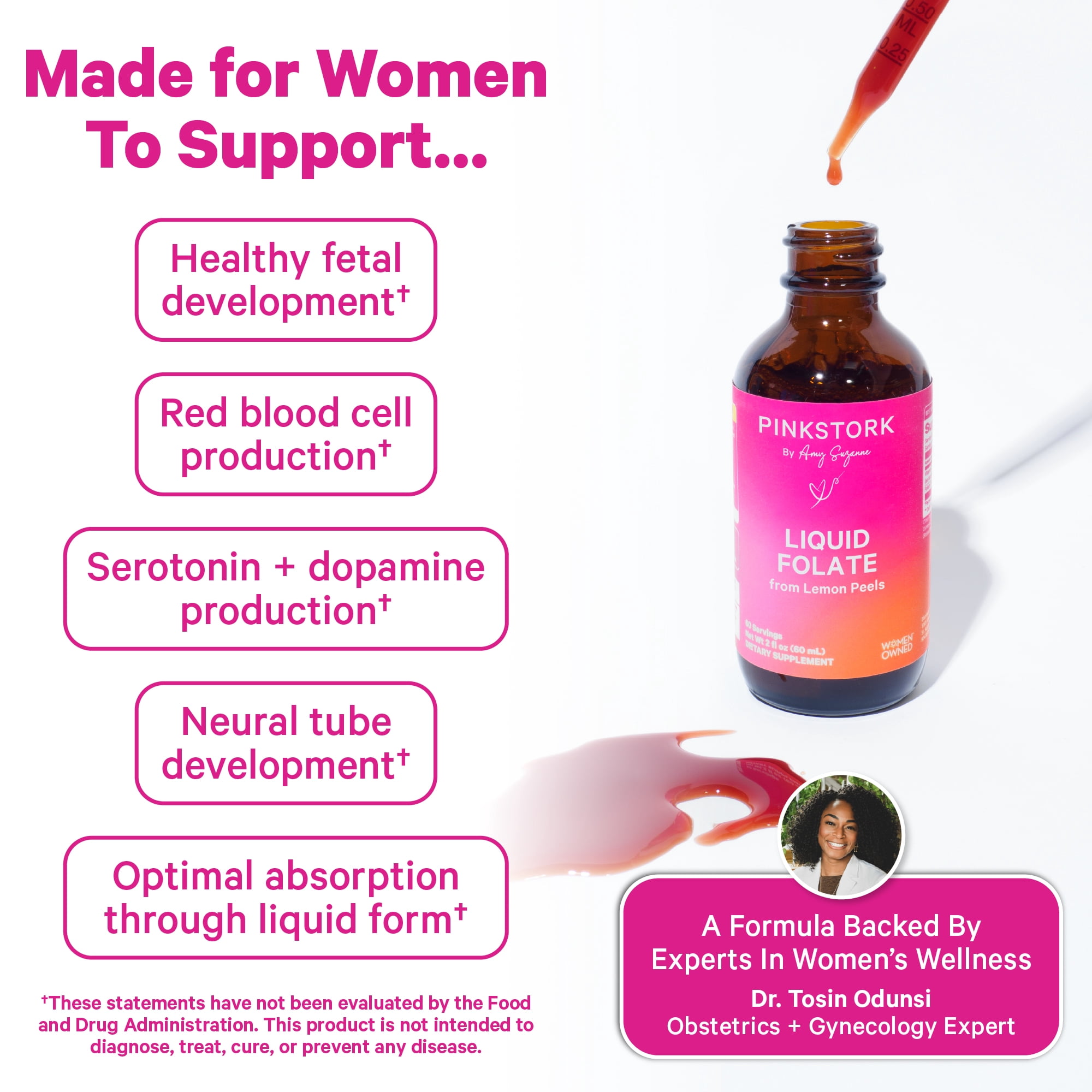 Pink Stork Liquid Folate - Whole-Food Prenatal Vitamin for Women, 2 oz