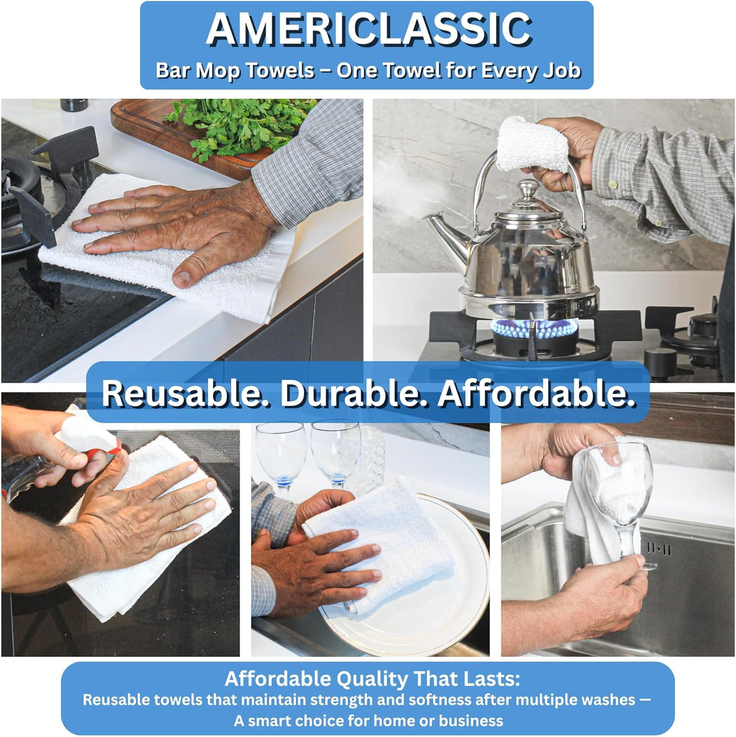 Pack of 40 Americlassic Bar Mop Towels 14x17 White Cotton Blend Terry Cleaning Rags for Kitchen, Bar, Restaurant & Housekeeping